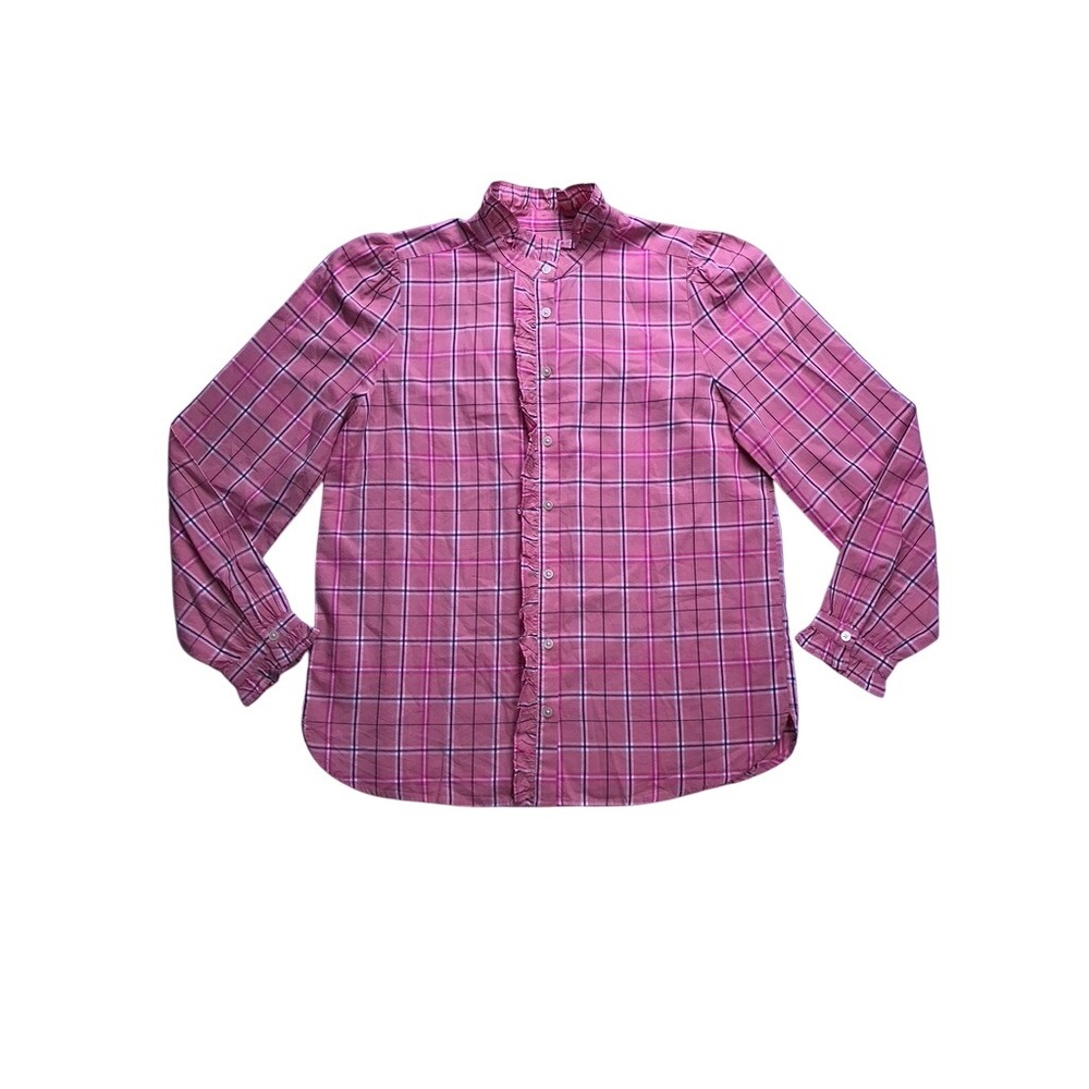 LOFT Ruffle Plaid Blouse Women SP Pink NEW Button Down Long Sleeve Top